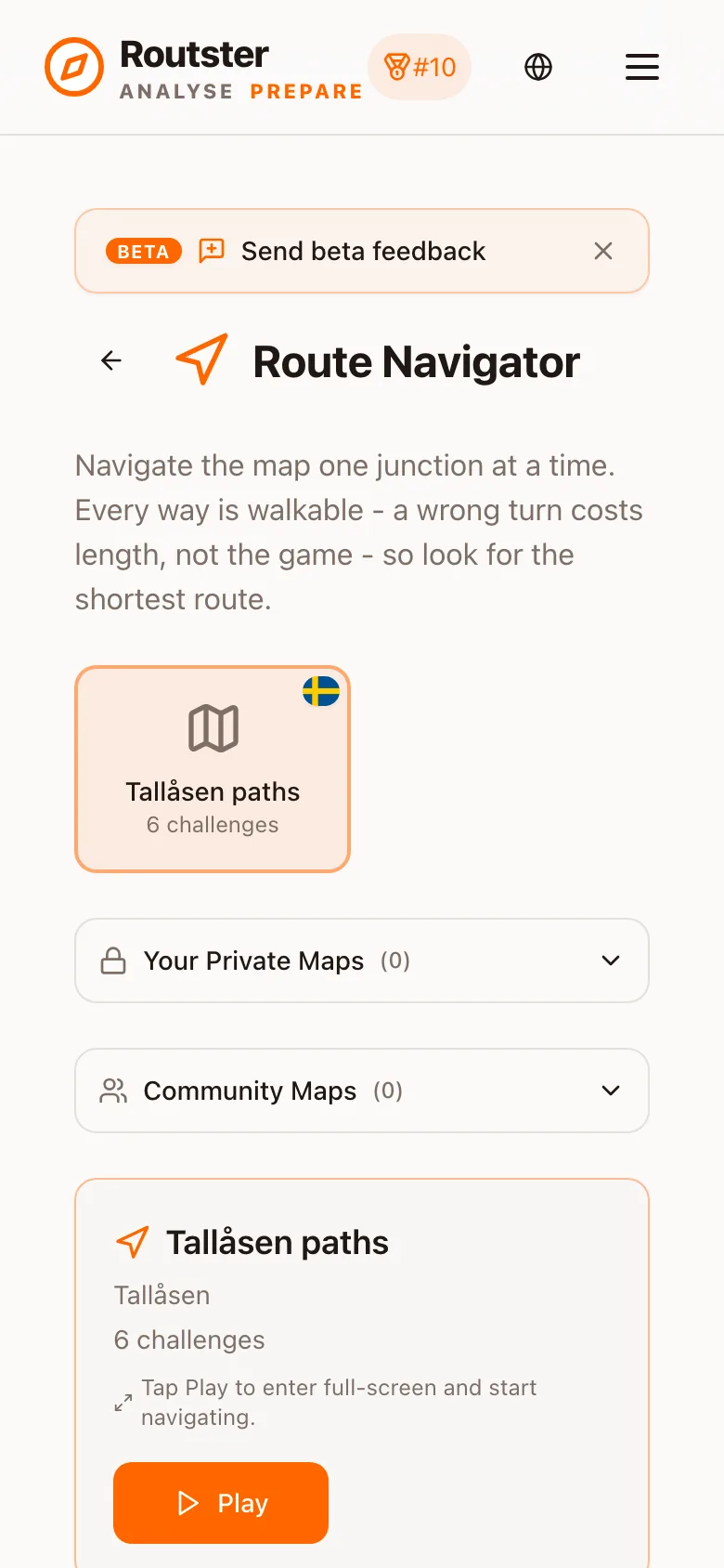 Route Navigator: a map under the BETA banner