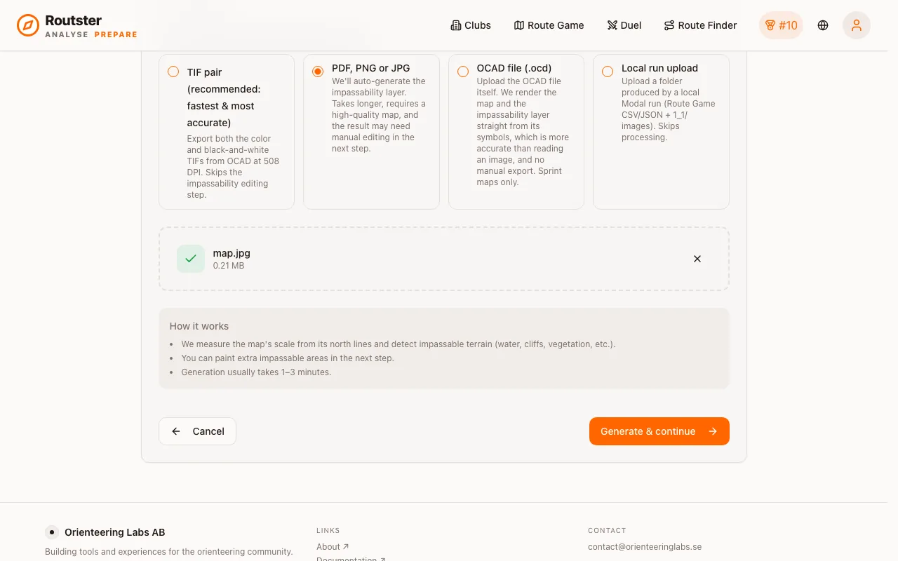 The upload wizard with a map image chosen and Generate & continue