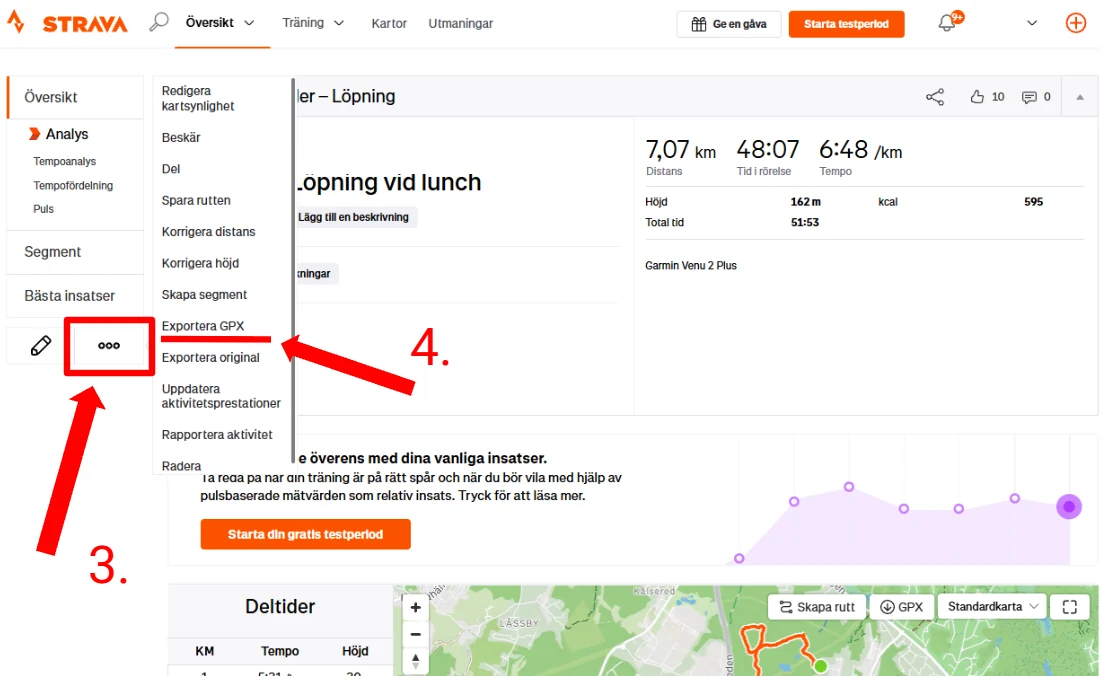 Strava activity page with the three-dot menu open and Export GPX highlighted